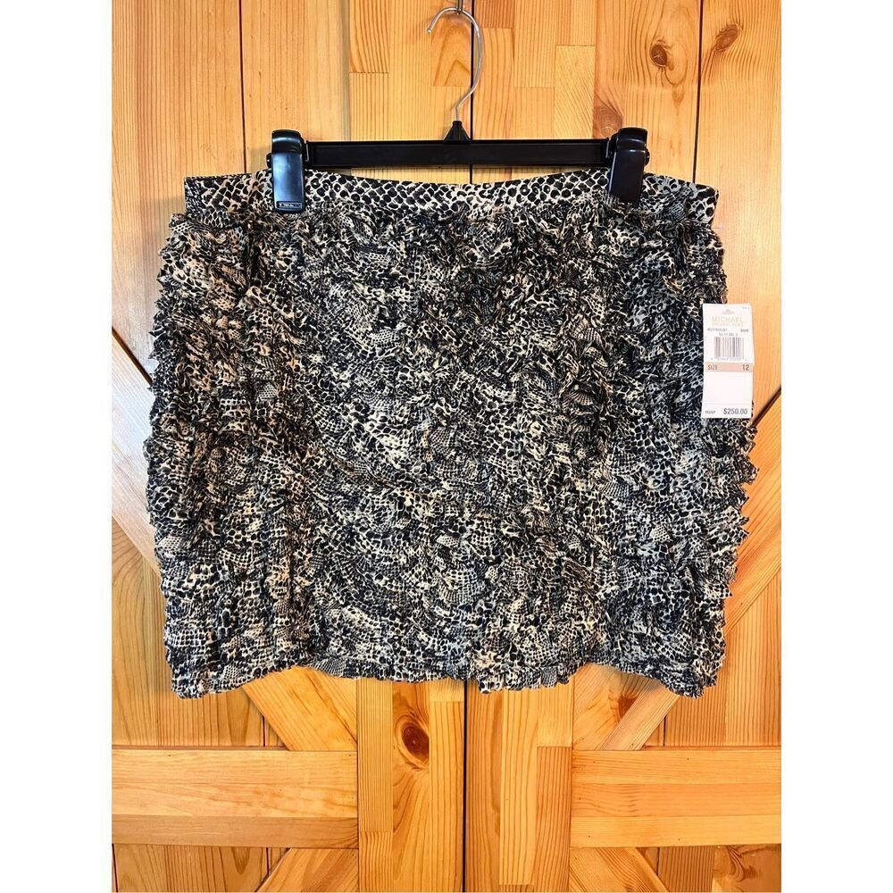MICHAEL KORS Animal Print Silk Ruffled Zipper Skirt Size 12 Nwt Retail $250 (359